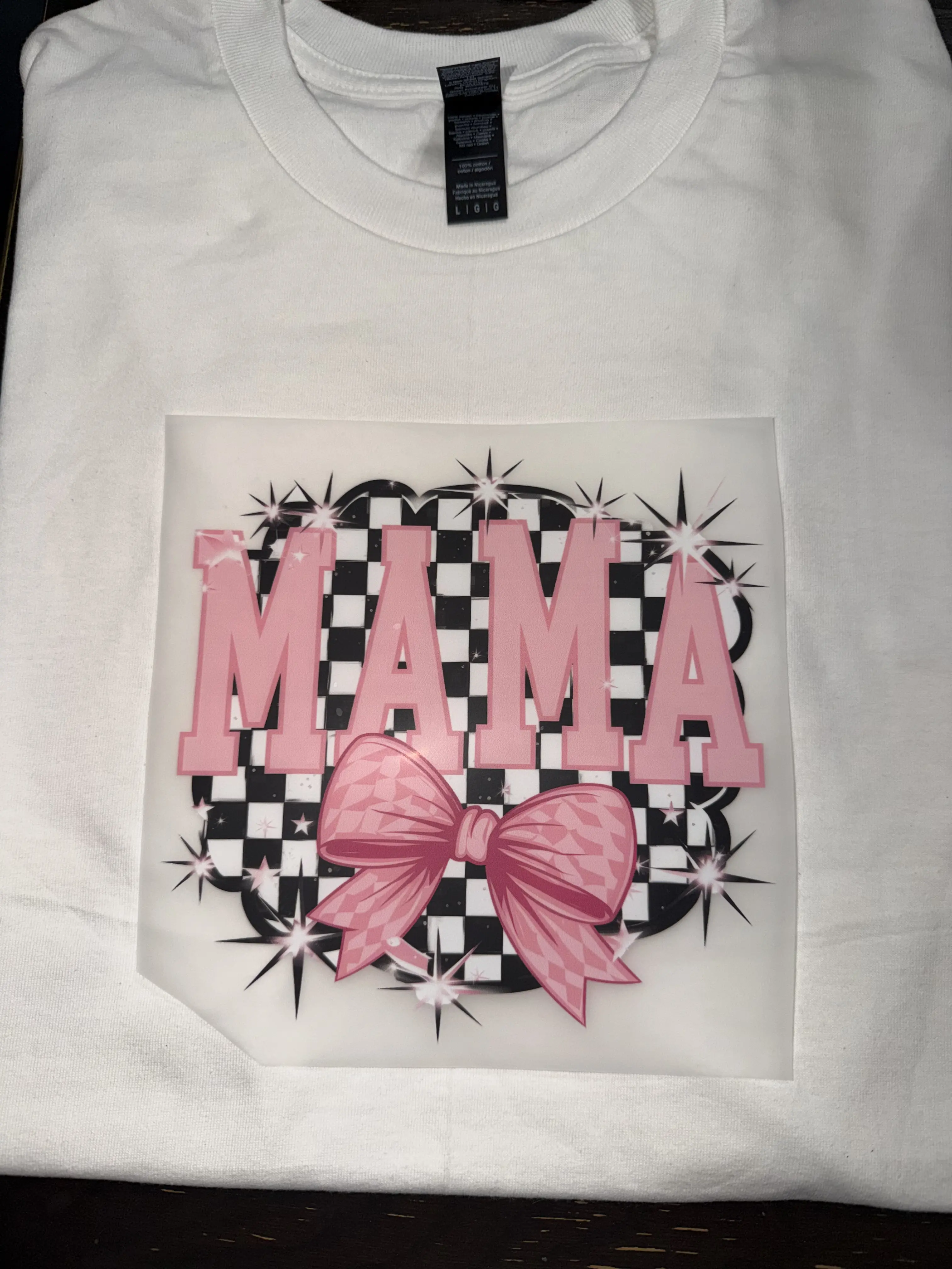 Women's 2-Piece Personalized Casual Round Neck Short-Sleeve Shirt & Shorts, Black Checkered "MAMA" DTF Love Print DIY Specialty Supply for Mamas