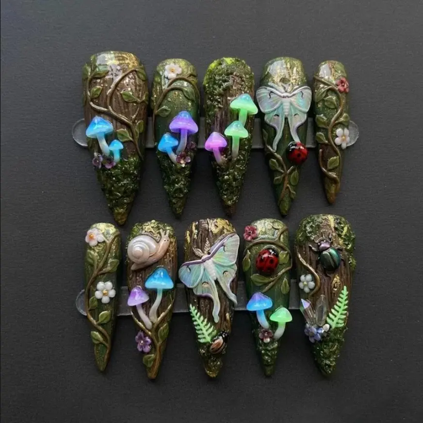 Enchanted Forest Press On Nails Set 3D Colorful Mushroom Snail & Lady Bug Hand Painted Gif For Birthday Party, Wedding Nails