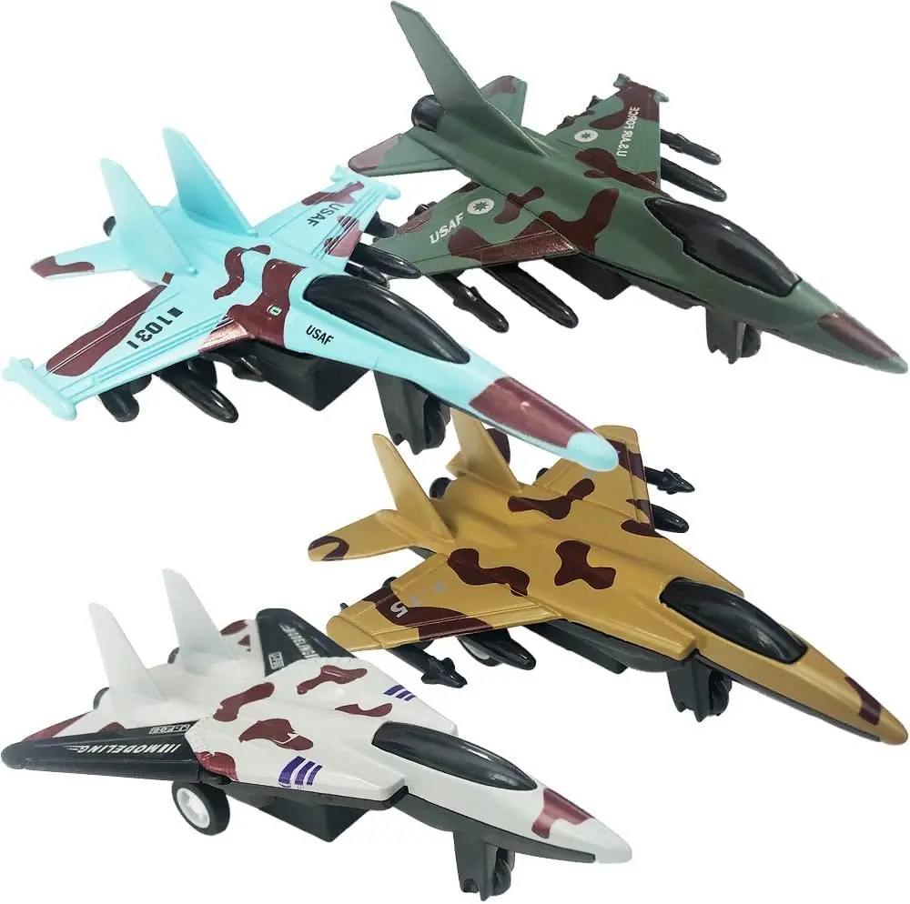4-Piece Diecast Metal Pullback Fighter Jet Toys, 3” Wide 4.5” Long Air Force Military Cake Toppers, Boys’ Birthday Cool Party Favors, Cake Topper, Birthday Party Favors