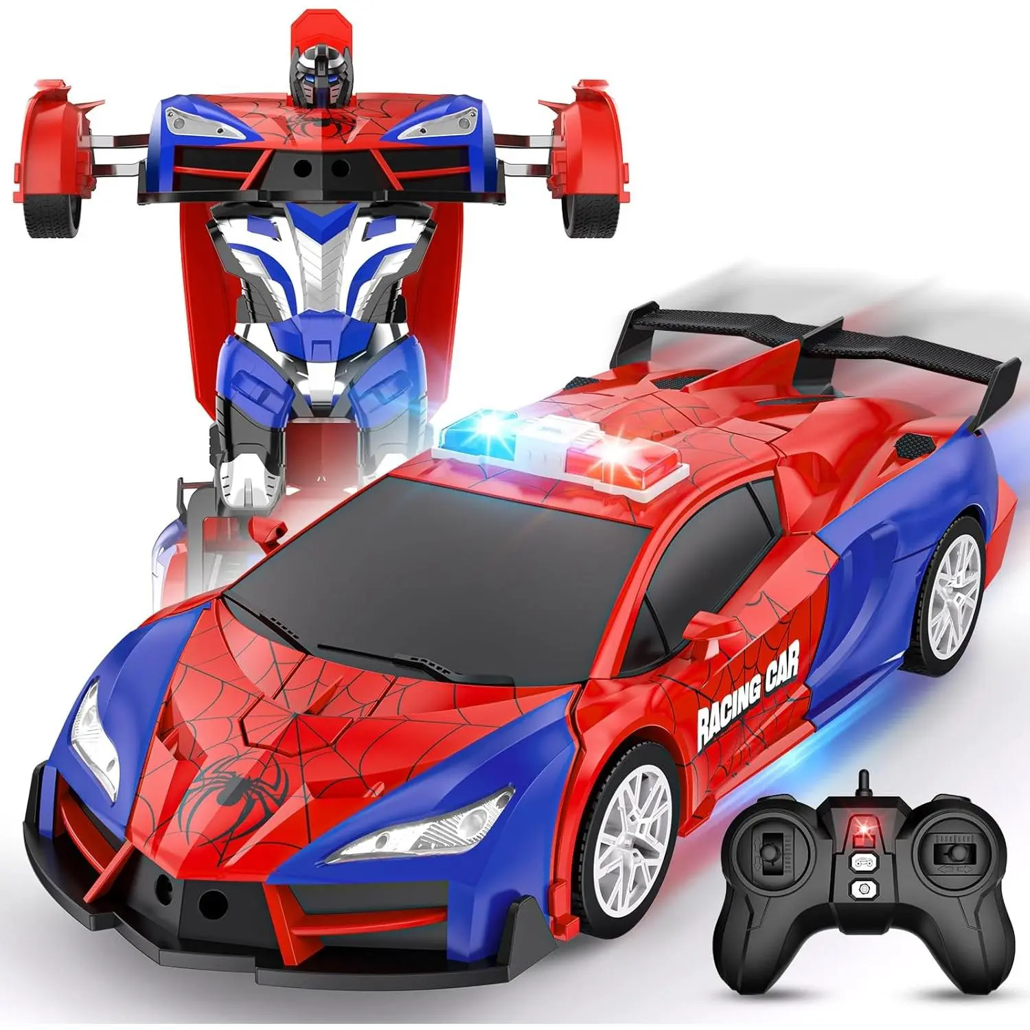 Remote Control Spider Car Toy for Kids - 2-in-1 Transforming Robot, 1-Button Transformation, 360-Degree Rotation Police Car
