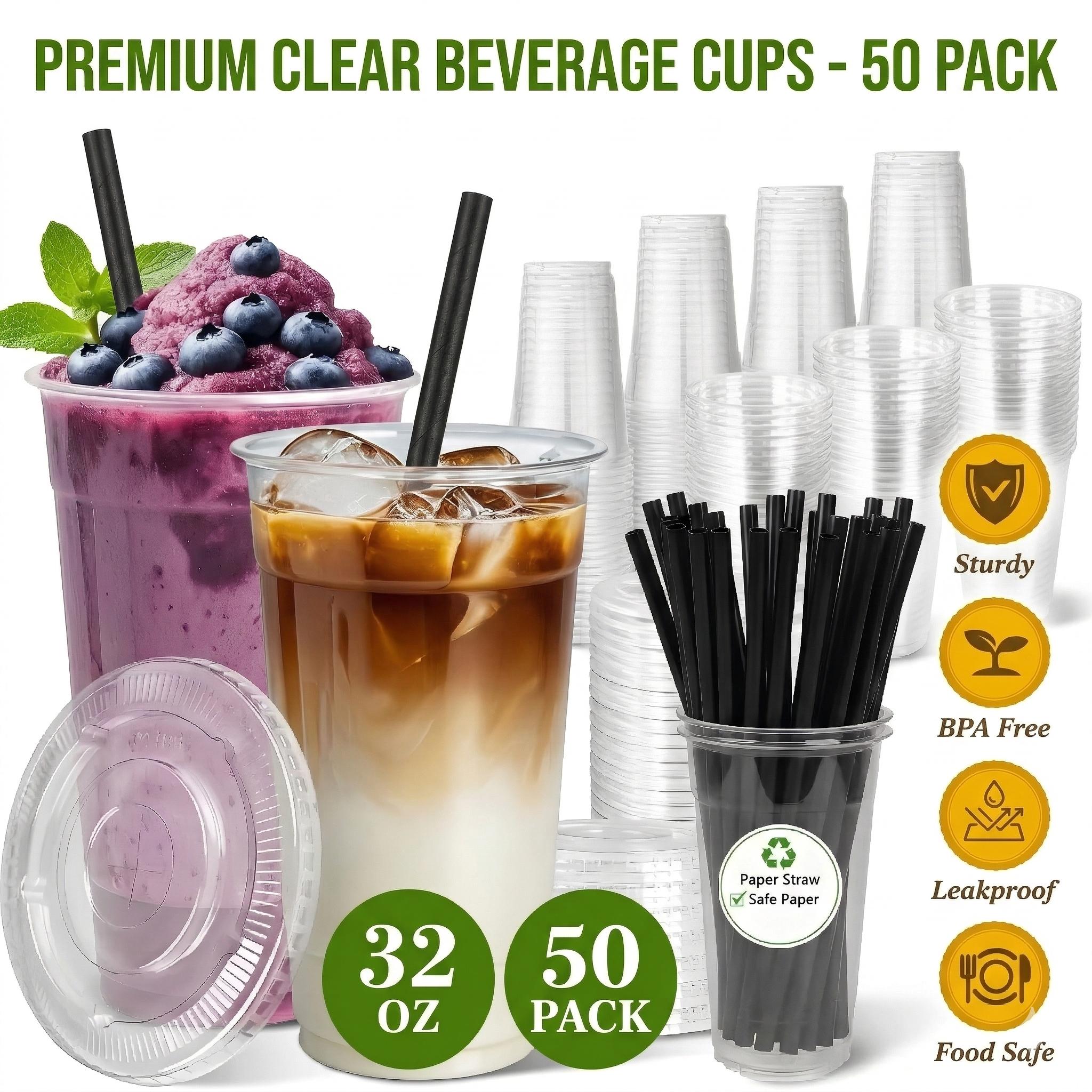 50 Pack 24 oz Clear Plastic Cups with Lids and Straws, Disposable PET Cups for Iced Coffee, Smoothie, Boba Tea, Leak-proof & BPA Free