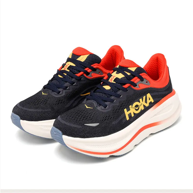 Navy Blue Mesh Running Shoes, White Cushion Thick Sole Sneakers, Red Lining Breathable Shock Absorbing Athletic Trainers for Outdoor Workout