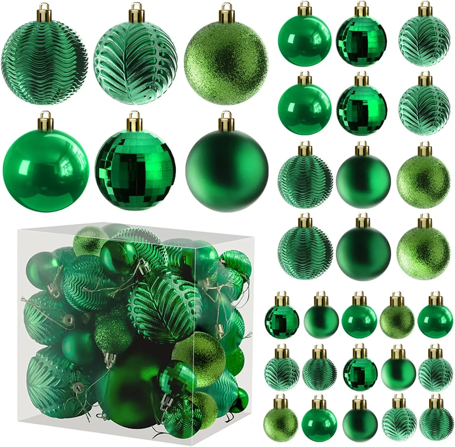 Prextex 36-Pieces Green Christmas Ornaments Set - Shatterproof, Festive Christmas Tree Balls Decorations in 3 Sizes and 6 Styles with Hanging Loops for Tree, Wreath, and Dazzling Holiday Party Decor PREXTEX
