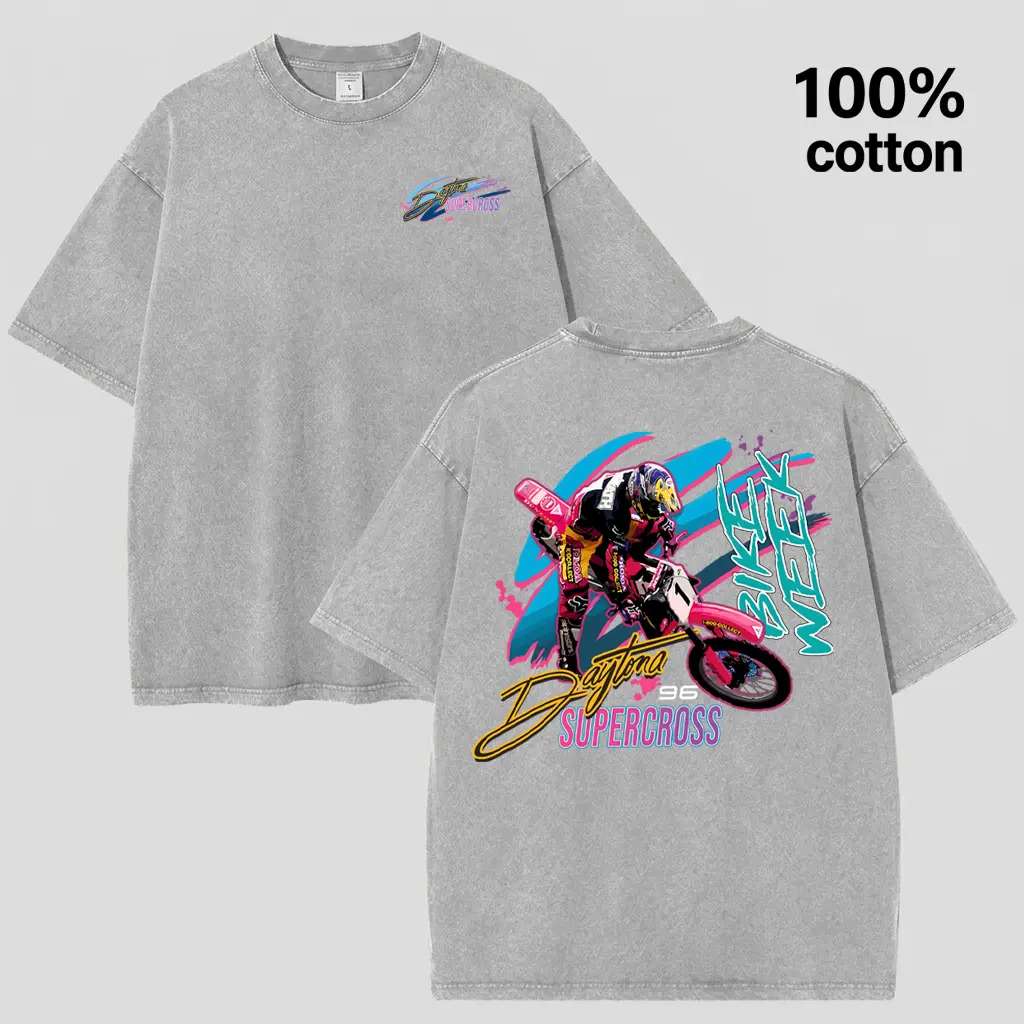 Men's Retro 90s Daytona Bike Week Motocross Casual Round Neck Short-Sleeve Tshirt - Distressed Black-Acid Wash Oversized Racing Menswear Top, Graphic T Shirts