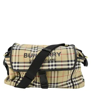 Pre-owned BURBERRY Canvas Shoulder Bags Vintage Check Flap Nylon Diaper Bag Beige