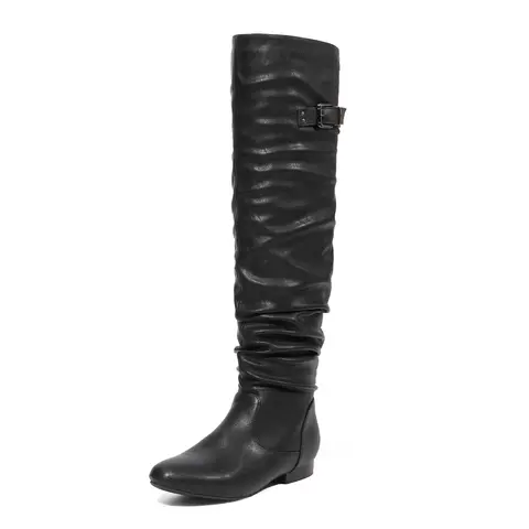 Dream Pairs Women's Black PU Leather Thigh-High Boots - Faux Fur Lined, Buckle Edge Detail, Back Lace-Up Hold, Slip-Resistant TPR Sole, Walking Shoes for Days on the Go, Finding Her Edge Edgy Look