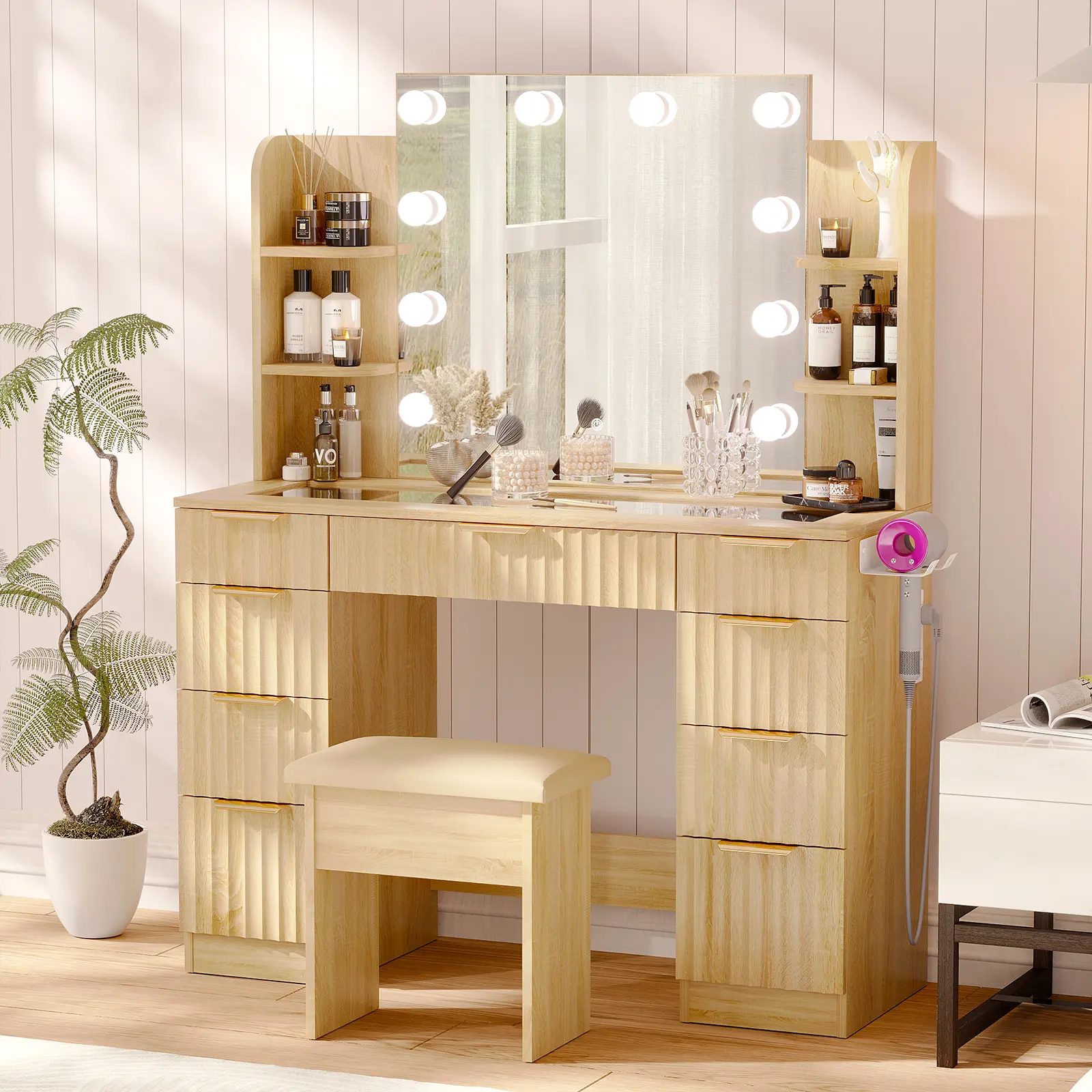 VOWNER Modern Vanity Desk with Mirror and Lights Makeup Vanity Desk with Drawers and Storage Shelves & Power Outlet Hair Dryer Rack Dressing Table with Glass Top
