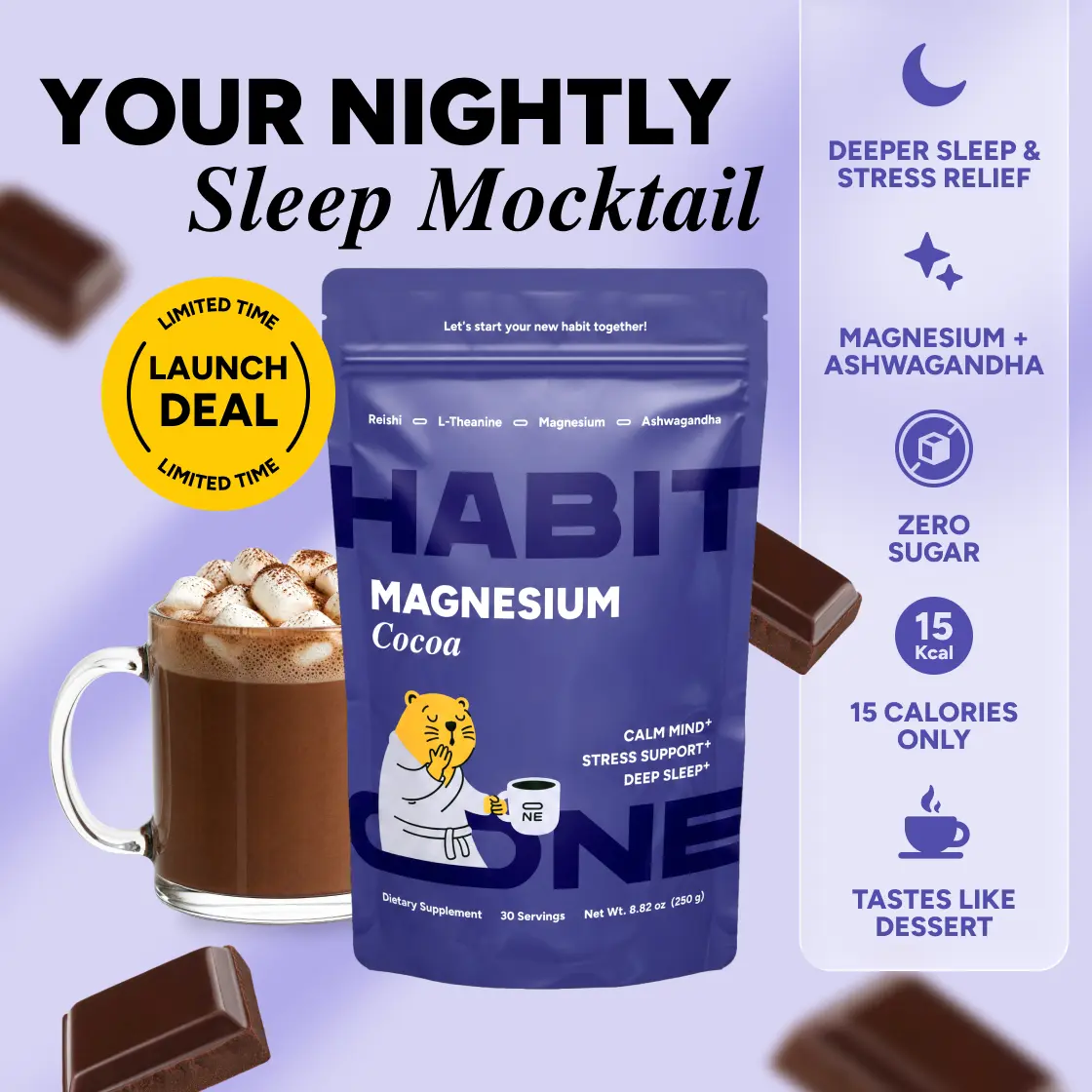 Magnesium Mushroom Cocoa with Ashwagandha & Reishi - Adaptogens Blend - Zinc, L-Theanine, L-Glycine, Chamomile, Jujube & Cinnamon - Made in USA - 30 Servings