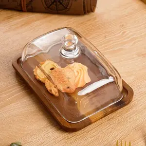 Butter Dish with Glass Lid and Wooden Tray, Clear Storage Container Ideal for Kitchen and Dining Table, Perfect for Storing and Serving Butter, Glass Food Container, Glass Storage Containers