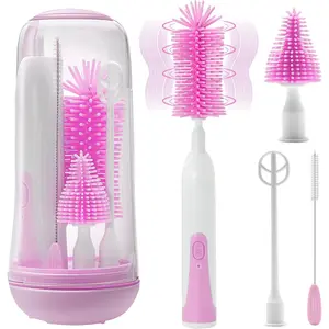 Electric Bottle Brush Cleaner, Portable Electric Baby Bottle Brush for Travel, Waterproof Electric Bottle Cleaner Set with Nipple & Straw Brush, Baby Bottle Brush Electric with Drying Rack