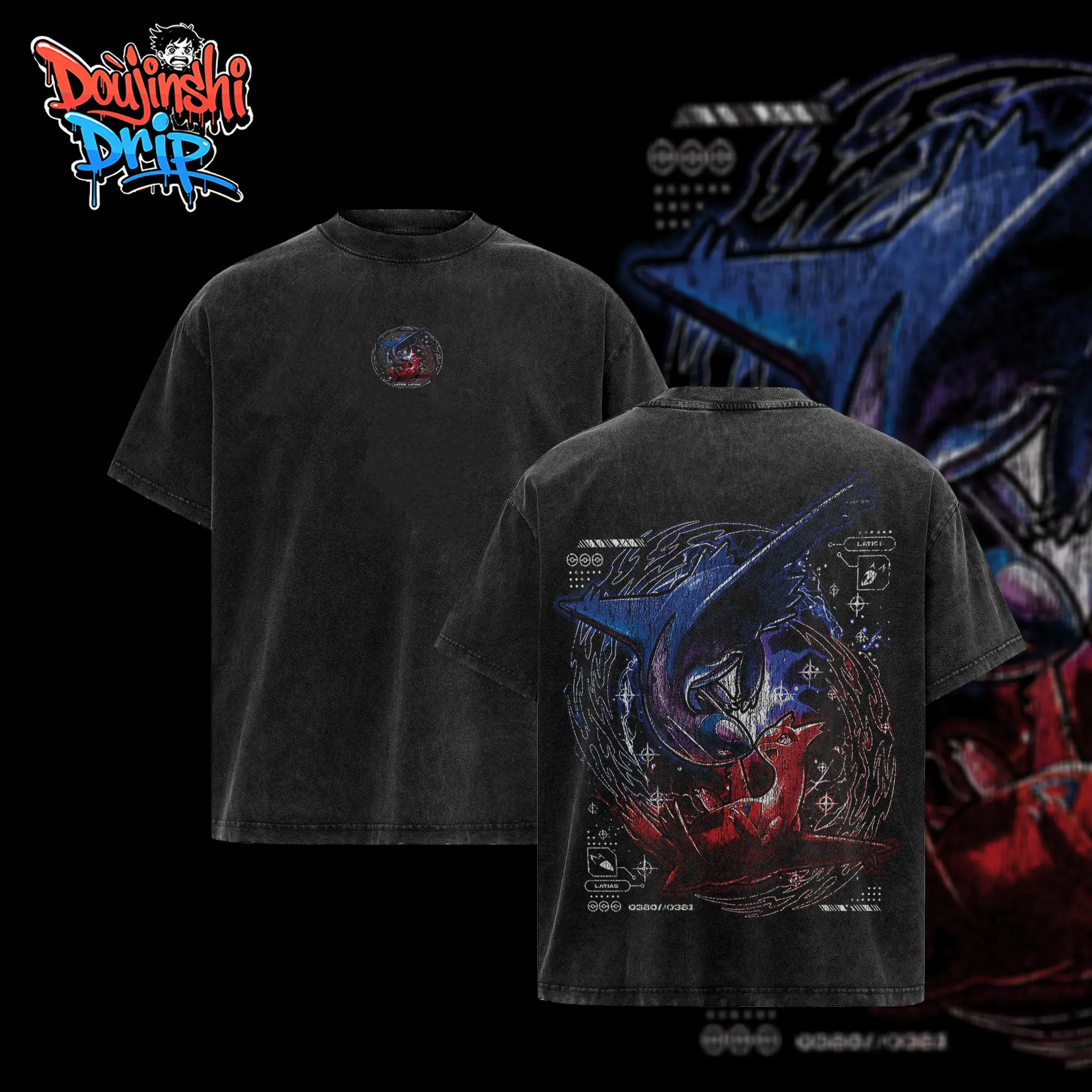 [Doujinshi] Vintage Latias x Latios Acid Washed T-Shirt Unisex Oversized Anime Manga T-Shirt Heavyweight Cotton Tee for Anime Fans, Pocket Monster merch, T-shirt anime gift, Anime Streetwear, graphic tees