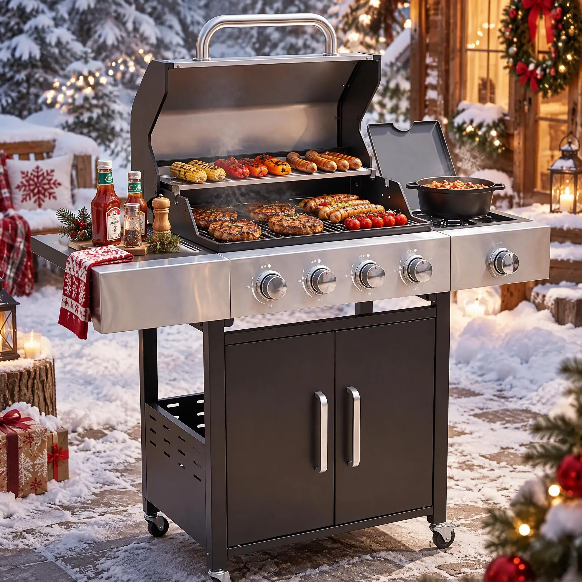 Modern and Chic 47-in Stainless Steel Freestanding Propane Gas Barbecue Grill (Black & Silvery) - 4 Burners with Side Burner, 49000 BTU, Cast Iron Grates, Side Shelves, Wheels for Mobility, Outdoor Barbeque BBQ Pit