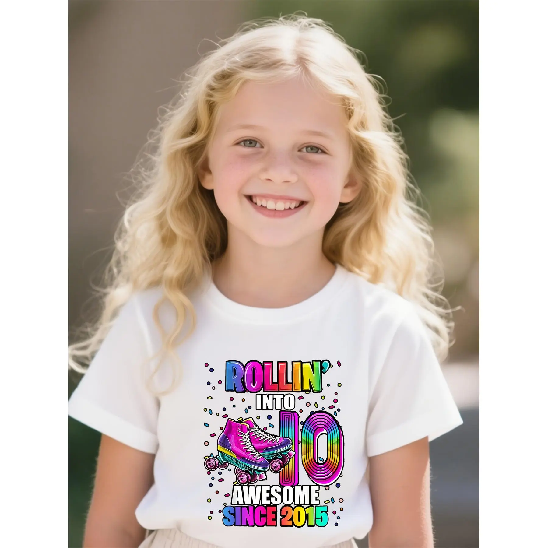 Cute Graphic Girls' Regular Cotton Print T-Shirt - 10th Birthday Roller Skating Theme, Rollin into 10 Skate Party Outfit, Cute Girls' T-Shirts, Graphic Girls' T-Shirts