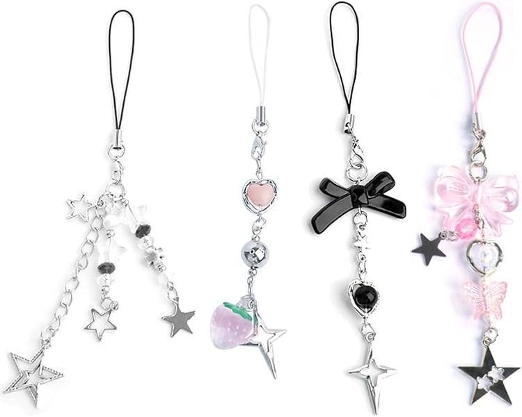 1-4PCS Cute Y2K Phone Charms – Aesthetic Strawberry, Butterfly & Star Beaded Strap for Phone, Keychain, AirPods, Bag & Camera Accessories
