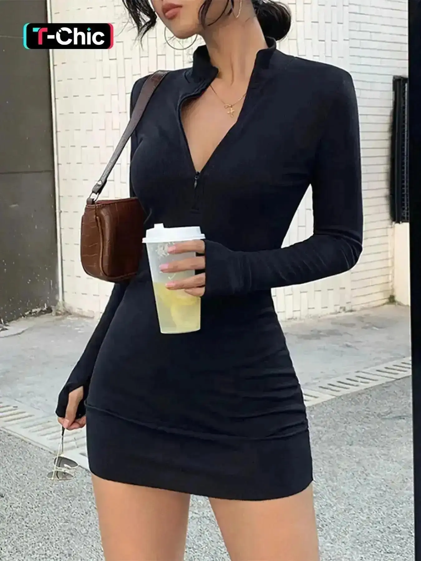 Women's Plain Stand Collar Zip Up Bodycon Dress, Chic Casual Long Sleeve Zip Front Mini Dress for Spring & Fall, Dresses Summer, Women's Clothing, Womenswear