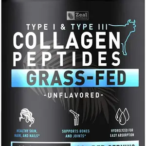 Zeal Naturals Multi Collagen Peptides Powder, Unflavored, 9g Protein with Vitamin C, Biotin & Hyaluronic Acid, 45 Servings