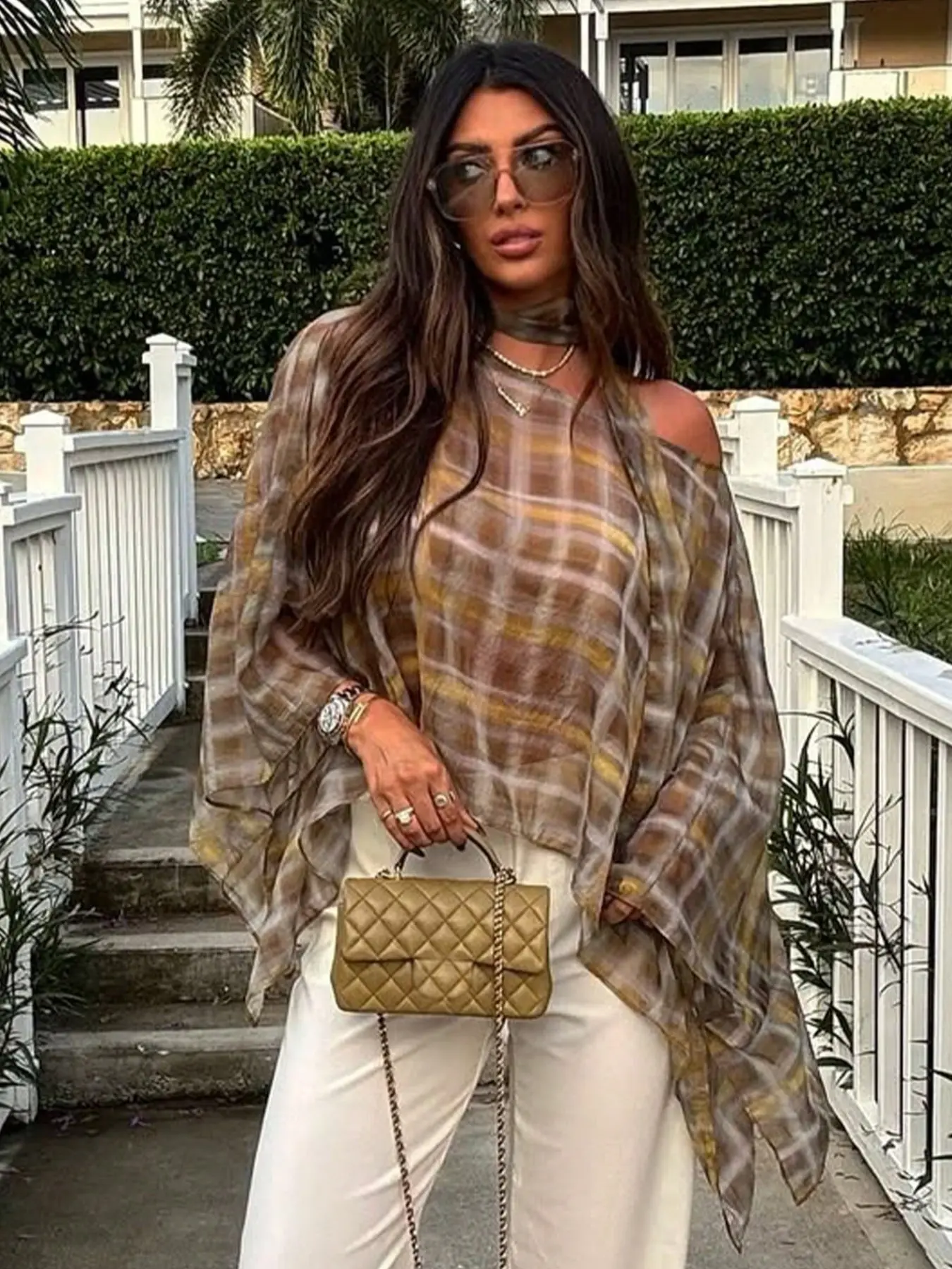 Women's Spring Summer Fashion Vibe Casual Loose Light Plaid Print Cape Top, One Shoulder Scarf Decorated Blouse, Vintage Versatile Vacation Style Shirt