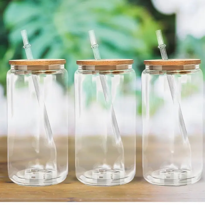 16oz Sublimation Clear/Frosted Glass Can Blank With Bamboo Lid and Straw.