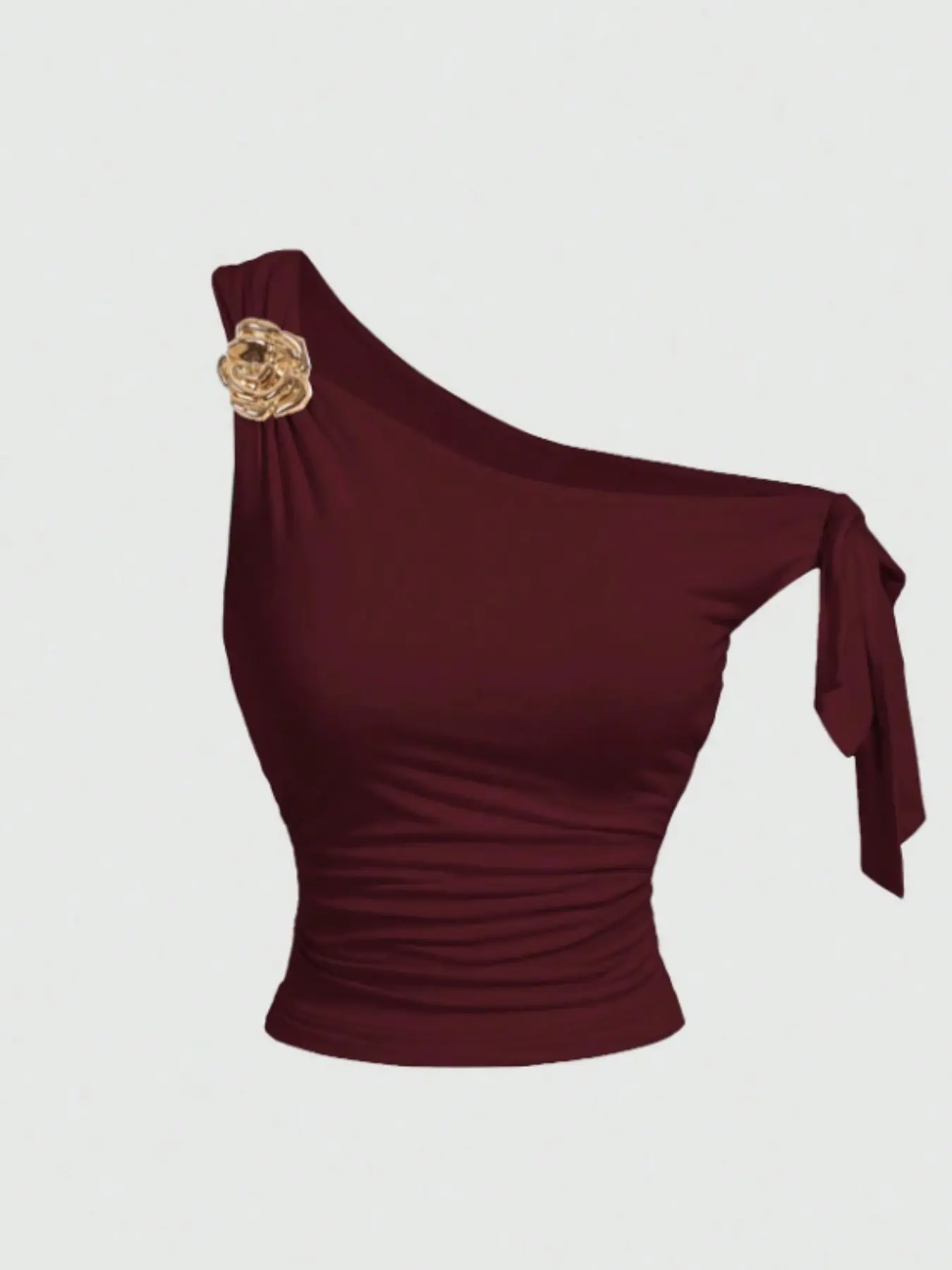 Women's Asymmetrical Neckline Slim-Fitting Pullover Top, Metal Rose Flower Decoration, Tie-Up Design, Casual Fashion Women's Clothing, Womenswear, Metallic, Style, Shirts, Casual Daily Tops, Casual Chic Top