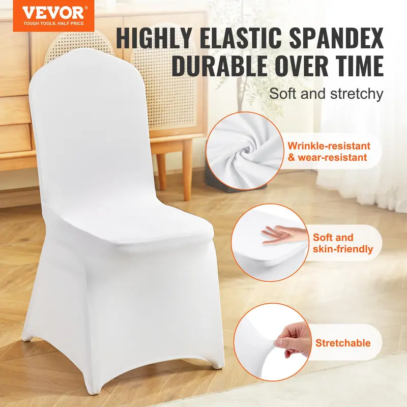 VEVOR 150PCS Stretch Spandex Folding Chair Covers Set - Universal Fitted, Removable Washable, Stain Resistant, Decorative Full Cover Stretch-Fit Slip Dining Chair Slipcovers for Wedding, Banquet (White), Stretch-Fit Dining Chair Slipcovers