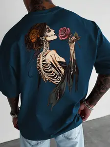 Unisex Skull Girl Rose Print Short Sleeve T-Shirt, Gothic Street Style, Loose Fit, Summer Fashion, Trendy Casual Top