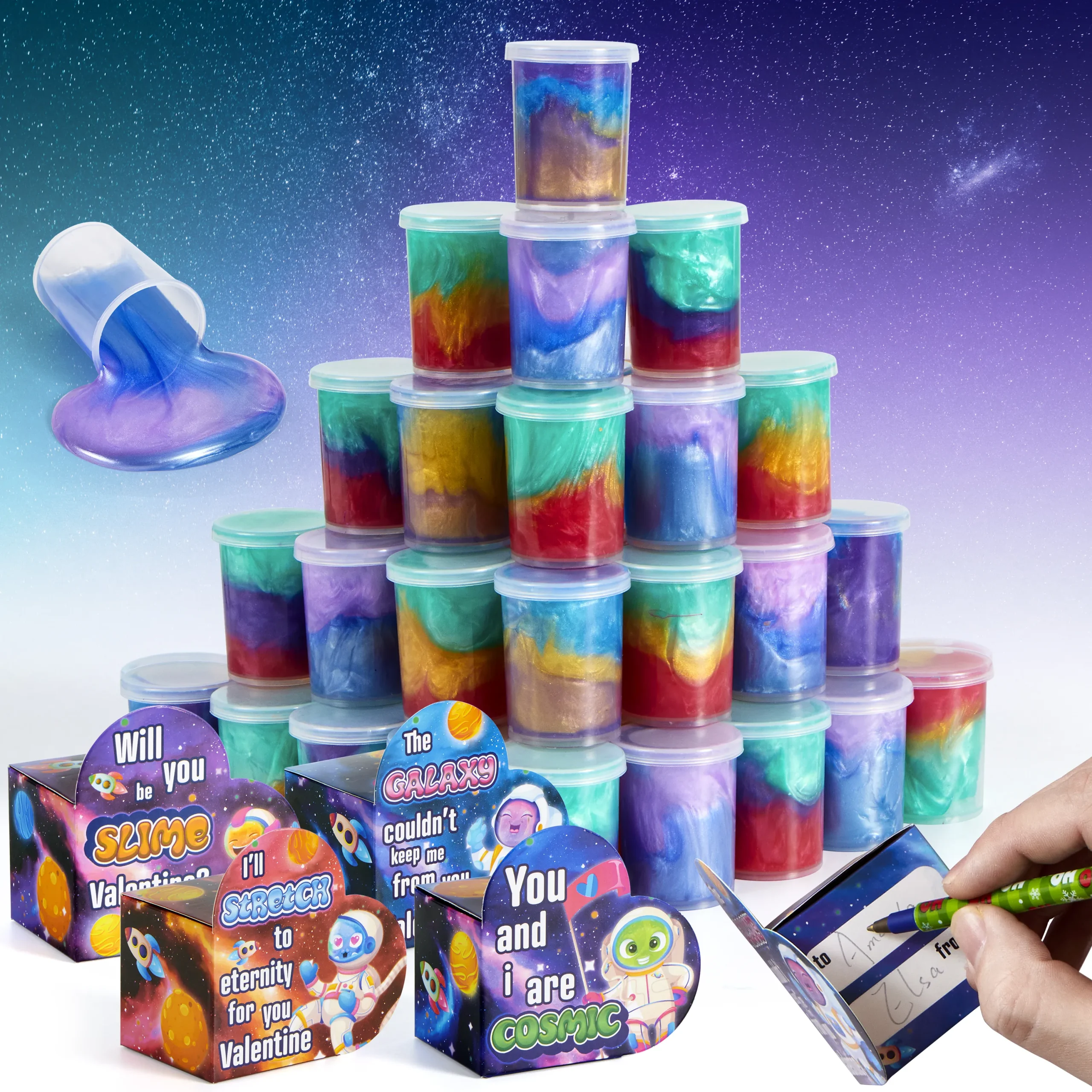 28Pcs Cosmic Realm Valentine Slime in Boxes with Kids Valentines Cards 2025 Valentine Exchange Cards