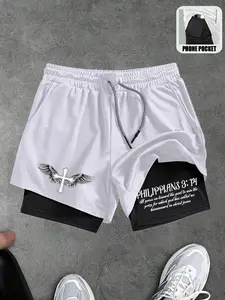 The Cross & God Graphic Fitness Workout Shorts, Unisex 2 In 1 Compression Shorts, Double Layer Shorts With Pockets, Compression Training Shorts, Quick Dry Running Basketball Shorts, Gym Shorts, Beach Shorts For Men
