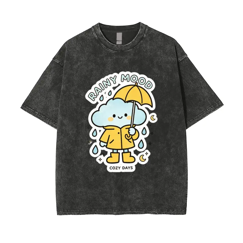 Rainy Mood Cloud Graphic T Shirt for Men Women, Cute Cartoon Rainy Day Print Washed Vintage Tee, Cozy Casual Short Sleeve Shirt