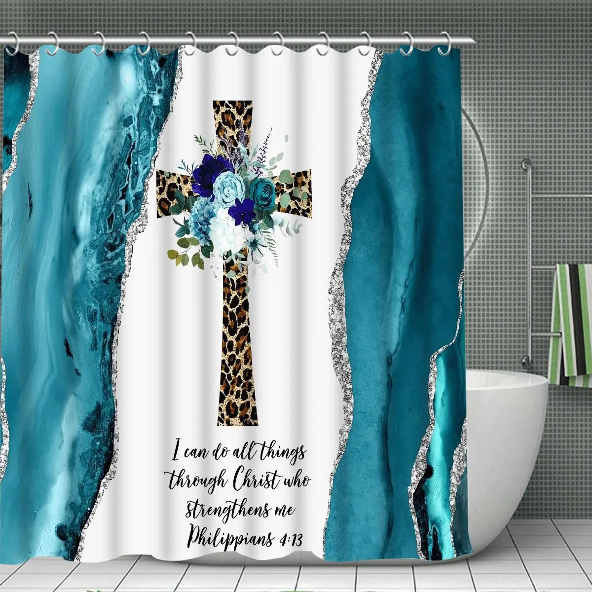 Prayer Of The Cross Shower Curtain Set with Hooks, Polyester Fabric, Modern Bathroom Decoration, Ideal for Family Gifts
