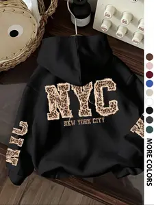 Women's Hooded Sweatshirt, Leopard Letter Print, Casual Loose Fit Pocket Top, Fashion Outdoor Daily Wear, Street Style Spring Fall, Embroidery Hoodie