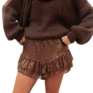 Women��s Glitter Ruffle Shorts Casual Elastic Waist Bow Front Loose Shorts Going Out Shorts Sequin Mini Skirt Shorts Elastic Waist Layered Ruffle Hem Sparkly Shorts Pleated Glitter Flowy
