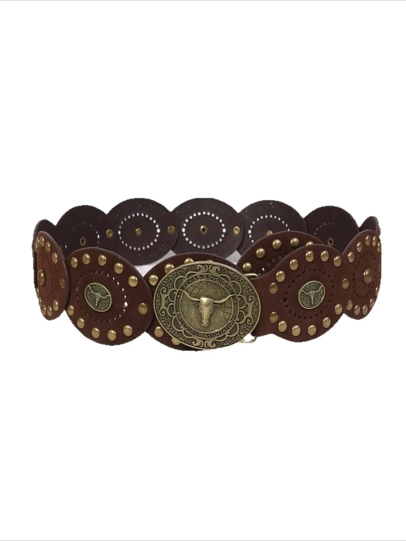 Women's Western Cowboy Style Wide Belt, Western Cowboy Belts, PU Leather Patchwork, Antique Copper Rivets, Bohemian Carved Bull Head Buckle, Cowgirl Boho Belt