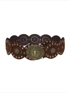 Women's Western Cowboy Style Wide Belt, PU Leather Patchwork, Antique Copper Rivets, Bohemian Carved Bull Head Buckle, Cowgirl Boho Belt