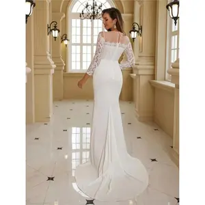 Elegant K66-Style Dress for Women – V-neck, long sleeves, solid-color jersey fabric; perfect for weddings and formal events. Features a wedding dress collar and is made from comfortable polyester. Chic white basic minimalist bridal outfit.