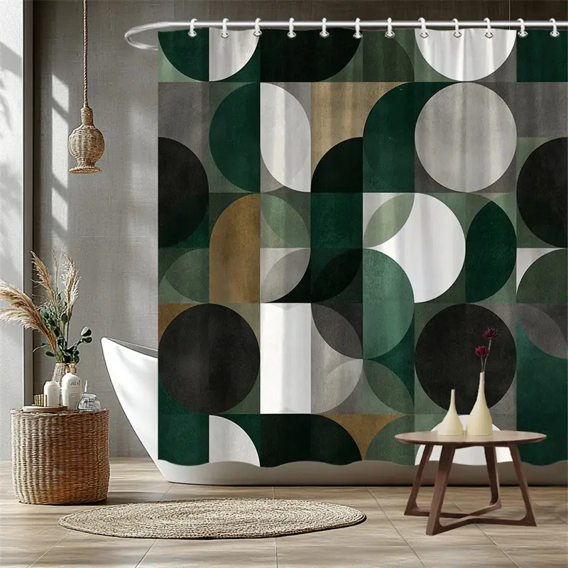 72x72 in Geometric Green Beige White Circle Polyester Shower Curtain - Machine Washable, Easy Installation with Hooks, Privacy Protection, Gift for Contemporary Bathrooms, Fits Straight-Curved Rods, Plastic