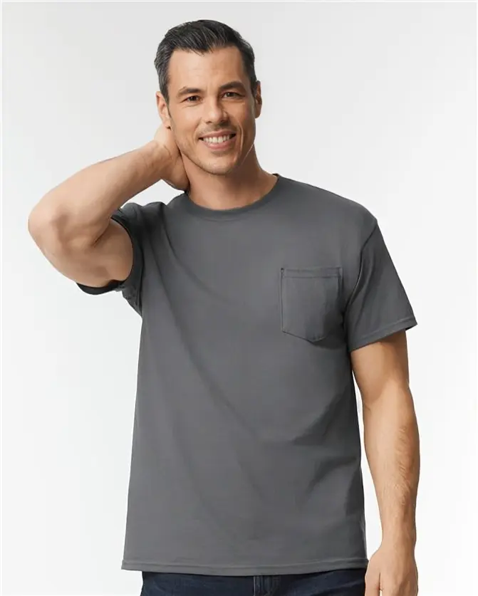 Gildan Heavy Cotton™ Men's Short-Sleeve Round Neck Plain Fitted Cut Grey T-Shirt - Workwear-Ready Pocket Tee, Classic Casual Menswear Top, Shortsleeve, Tshirt