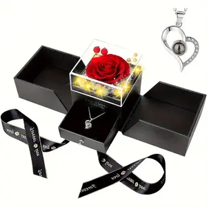 Jewelry Box with Preserved Rose Double Door Acrylic Gift for Mother's Day Christmas