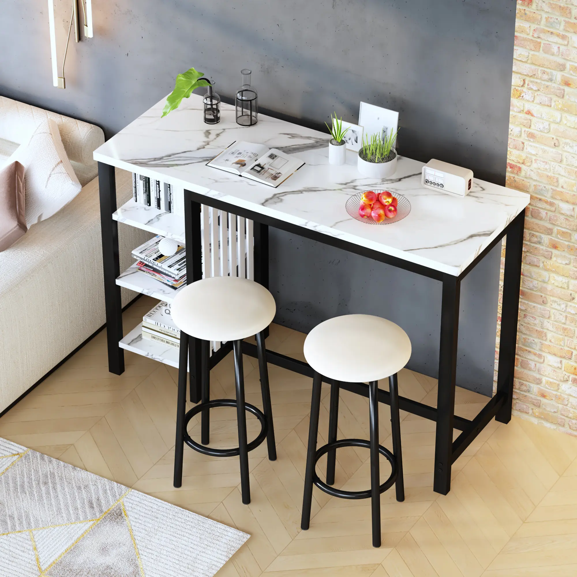 AWQM 47" Bar Table Set with Storage Shelves, Modern White Faux Marble Breakfast Table, Velvet Stools & Upholstered Leather Bar Stools, Waterproof Wine