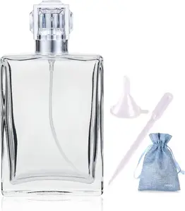 100ML 3.4oz Glass Spray Bottles for Essential Oils, Perfumes, Empty Clear Mist Spray Bottle with - (1Pack) 1pc Funnel Filler 1PC 3ml Dropper 1pc Storage Gift Bag