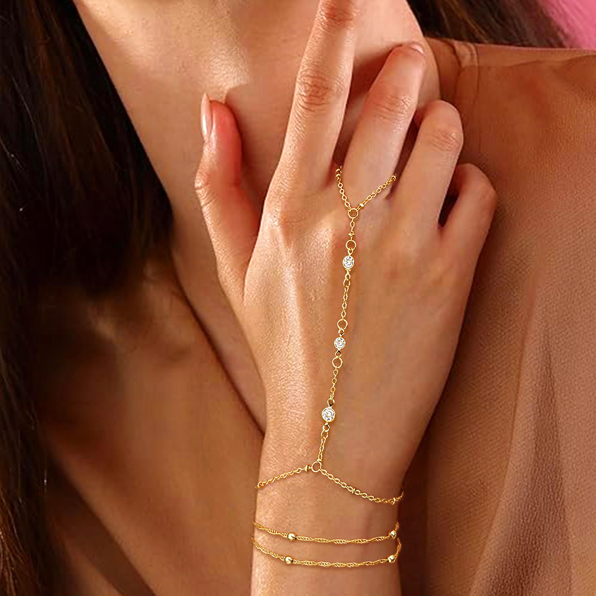 17KM 3Pcs Adjustable 14K Gold-Plated Stack Bracelets - Trendy Dainty Ring Hand Chain