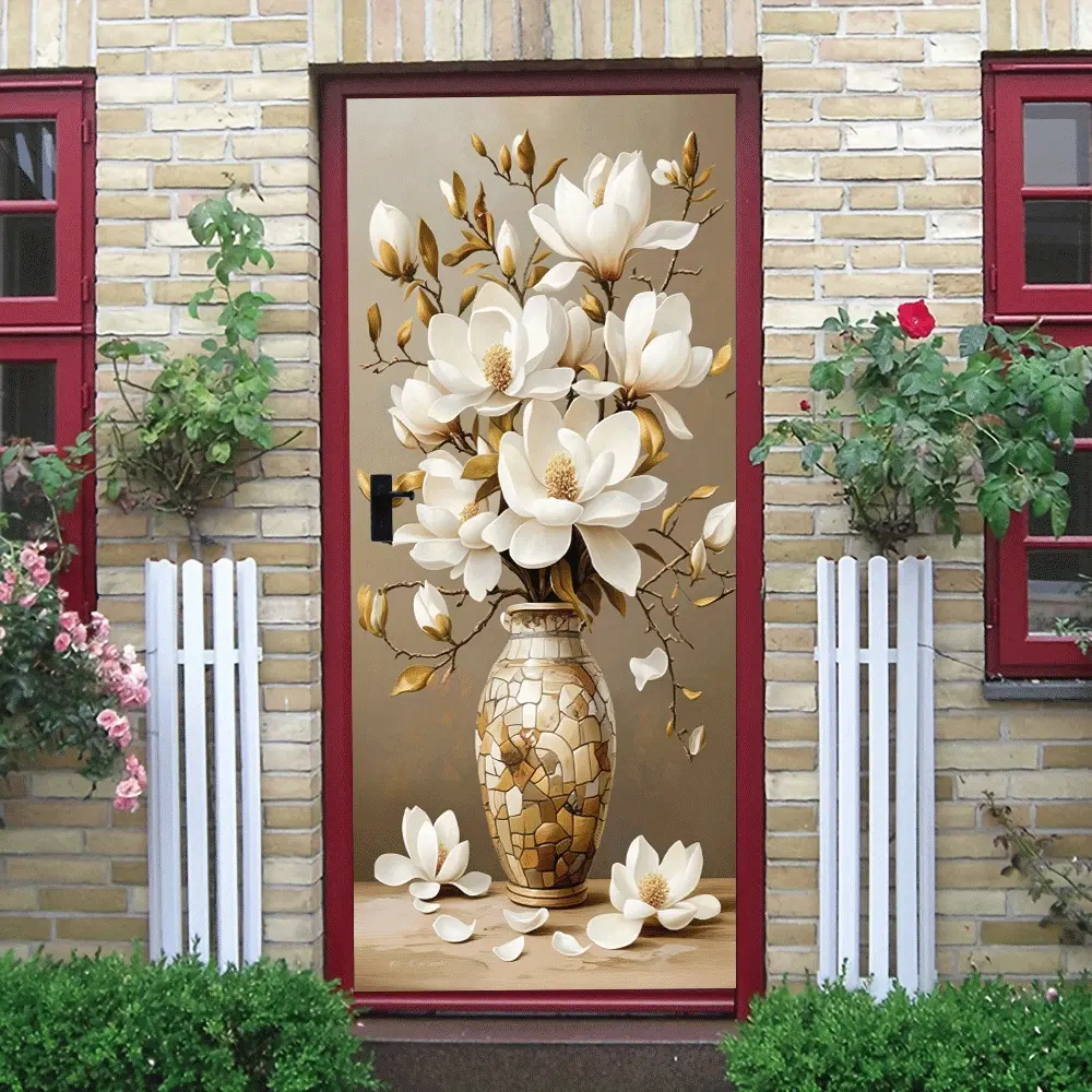 2 Vintage Mosaic Ceramic Vase with White Magnolia Flower Bouquet Door Sticker Modern Minimalist Home Wall Decor Self Adhesive Decal Removable Waterproof PVC Material Floral Pattern Living Room Art Deco Floral Wall Decals