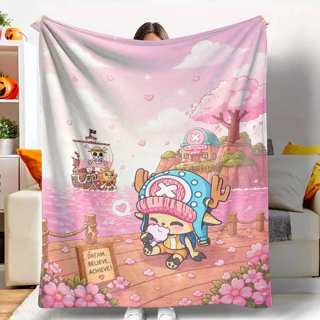 Cute Cherry Blossom Dream Flannel Blanket Pink Sky Ocean Ship and Deer Print Soft Cozy Warm Lightweight Fade Resistant Easy Care Perfect for Bedroom Living Room Sofa Office Travel Gift Decor