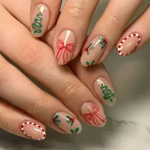 Christmas 24pcs Short Oval Press-On Nails, Cane Sugar Bow Tree Design, Nail Tips Art, Glossy Acrylic False Nails for Women Girls Daily Use