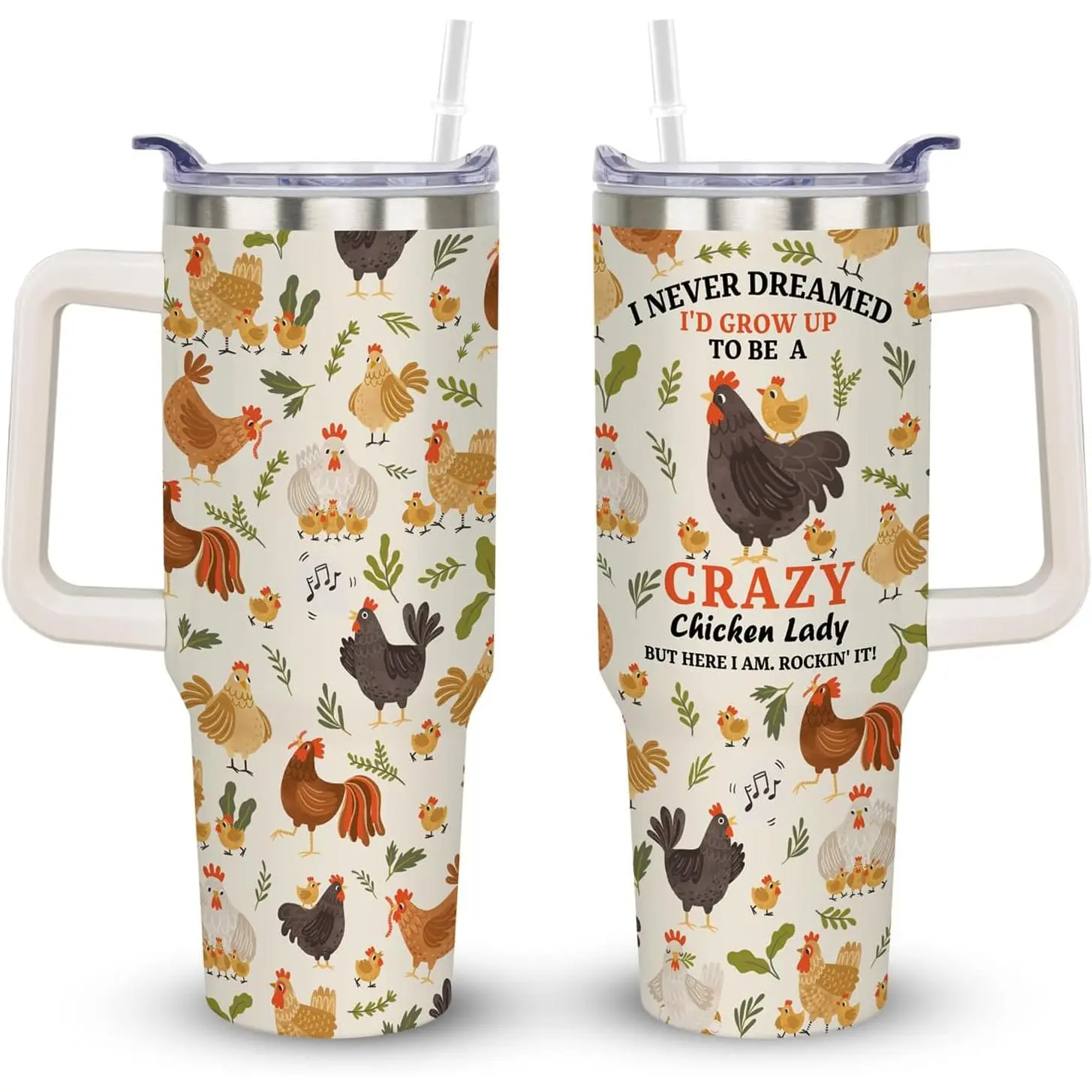 40oz Portable Reusable Insulated Stainless Steel & Plastic Dual-Tumbler Set of 2 - with Handle, Lid, Straw, Cute Print, Hand Wash Only, PA Kitchenware Drinkware for Chicken-Loving Women, Water Bottle Gift Idea, Handle Lid Water Bottles