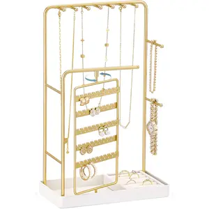 Jewelry Stand 💍 Rotating Earring & Necklace Organizer | Aesthetic Dorm & Vanity Decor (Gold) Lolalet