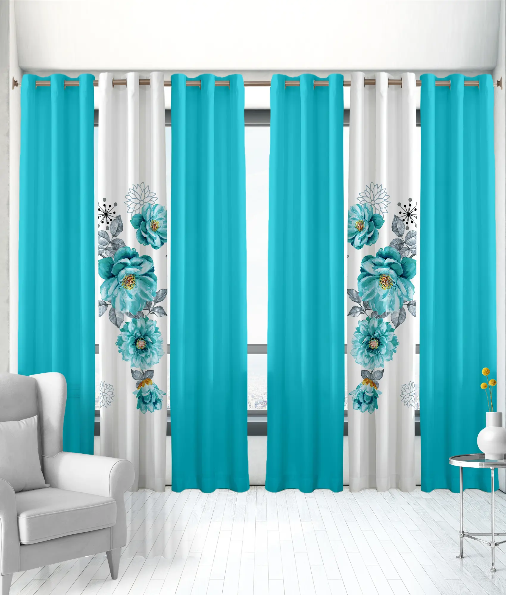 Summer Vintage White Background Teal Blue Rose 6 Panel Curtain Set | 2 Printed +4 Solid Panels | Light Filtering Grommet Curtains | Woven Microfiber | 38"W x 84"L