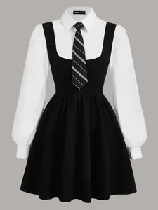 Colorblock Puff Sleeve 2 In 1 Black Dress With Sleeves With Tie