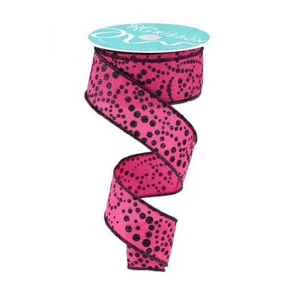 1.5" x 10yd Mini Glitter Dots Ribbon – Fuchsia/Black