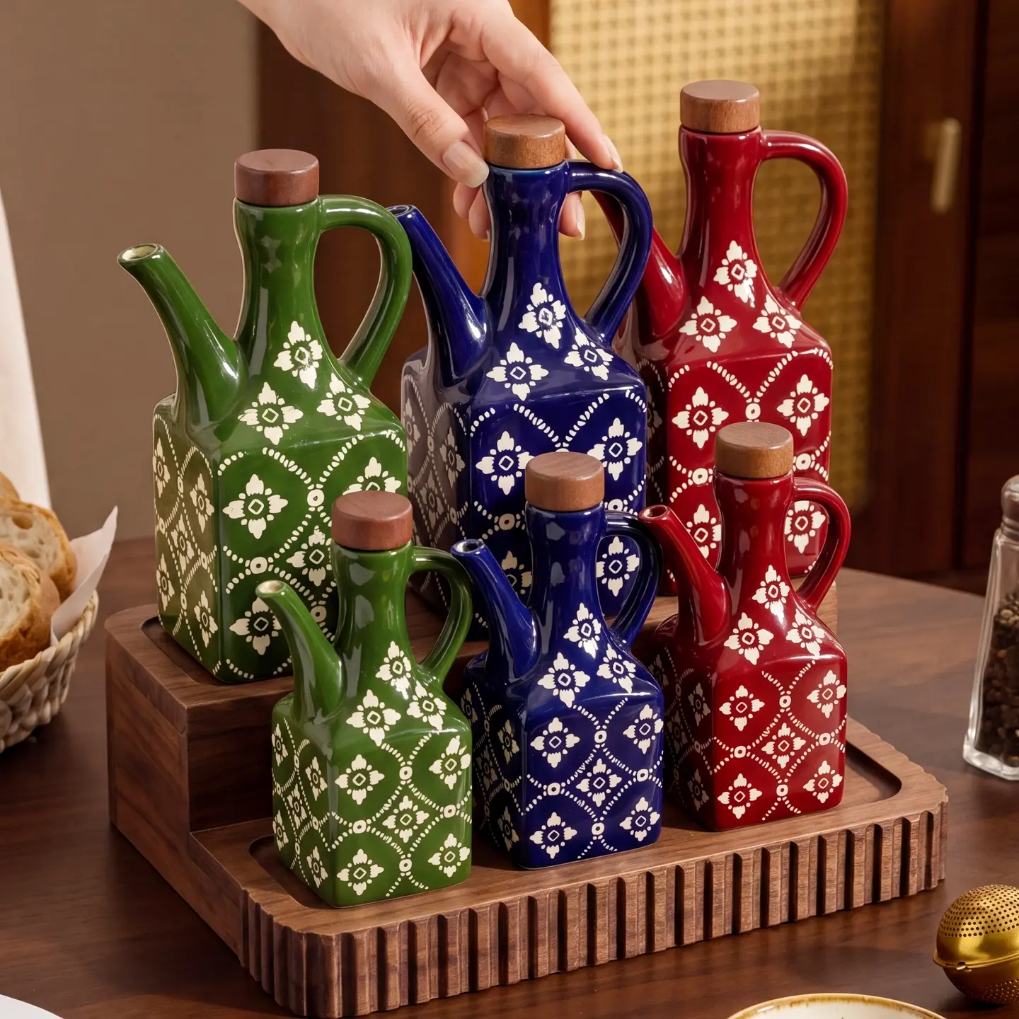 HongDian Multi-Size Ceramic Oil Dispenser (Red/Blue/Green Series) - Optional Vinegar Bottle, 4-5in, 220/620ml (8 oz/21 oz), Food-Grade Wood Stopper, Handle Design, SGS-Tested, Underglaze Fade-Resistant Kitchen Counter Accessory for Cooking, Salad Dressing