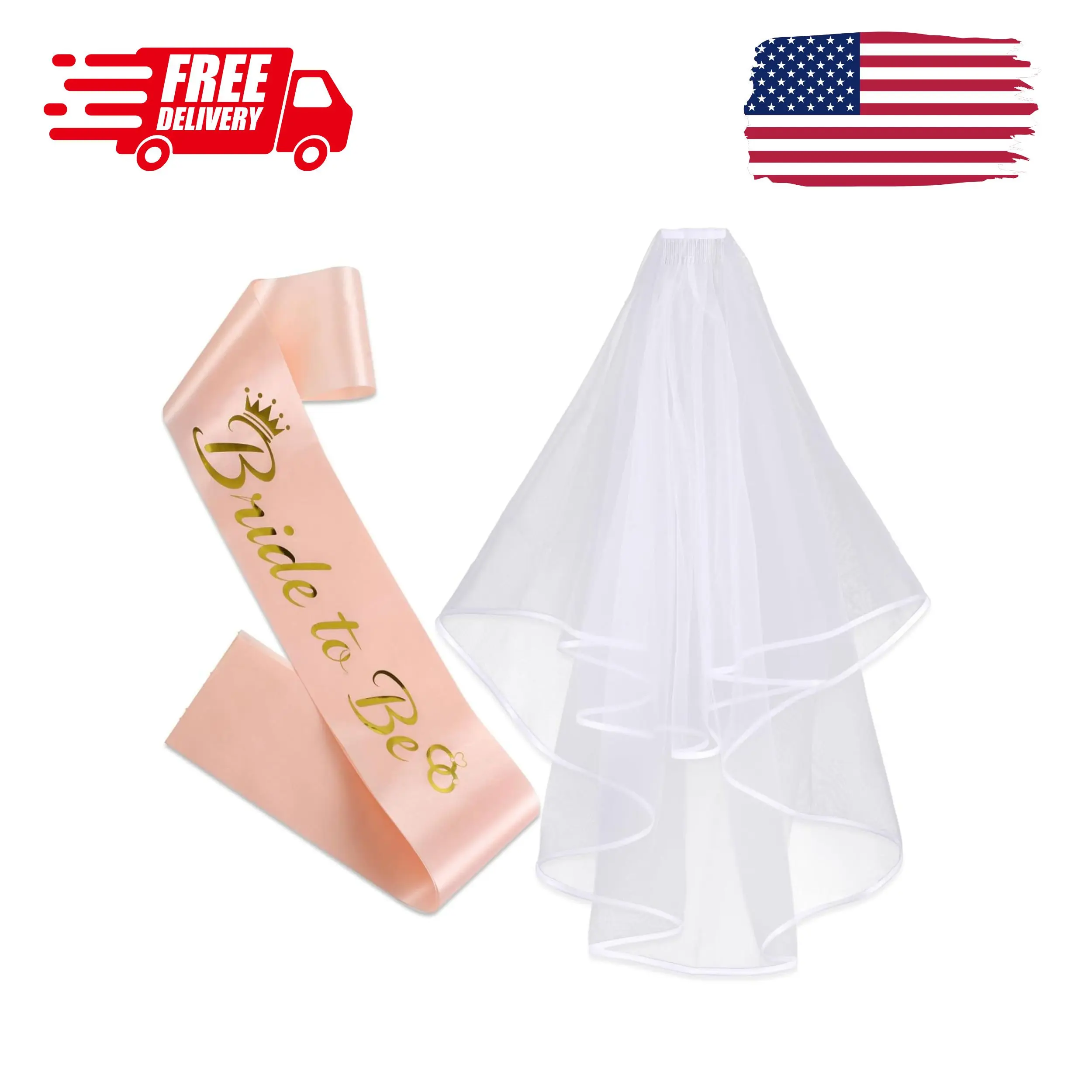 Bride to Be Sash and Veil White Set, 2PCS Includes Comb Veil and Bachelorette Ribbon